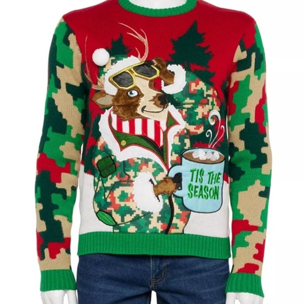 Celebrate Together Men's Crewneck Tis The Season Reindeer Camo Christmas Sweater